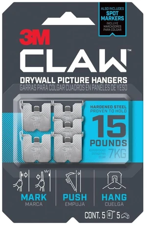 3M Claw 15lb. Drywall Picture Hanger with Spot Markers, Heavyweight Hanging Solution for Room and Office Decor, Including Mirrors or Large Art, 5 Pack 3M Claw 15lb. Drywall Picture Hanger with Spot Markers, Heavyweight Hanging Solution for Room and Office Decor, Including Mirrors or Large Art, 5 Pack