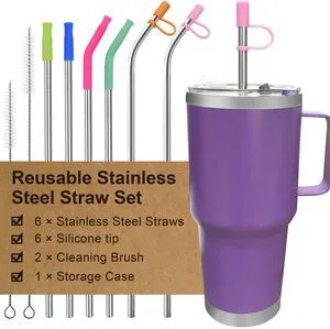 Reusable Stainless Steel Straws Set 6PCS with 6 Silicone Tips, 2 Straw Brushes, 1 Storage Case, Suitable for 14oz, 20oz, 30oz Cups & Tumblers, for Hot/Cold Drinks Reusable Stainless Steel Straws Set 6PCS with 6 Silicone Tips, 2 Straw Brushes, 1 Storage Case, Suitable for 14oz, 20oz, 30oz Cups & Tumblers, for Hot/Cold Drinks