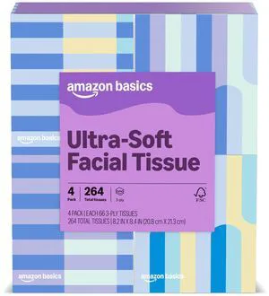 Amazon Basics Ultra-Soft 3-Ply Premium Facial Tissues, 264 Count (4 Cube Boxes of 66) Amazon Basics Ultra-Soft 3-Ply Premium Facial Tissues, 264 Count (4 Cube Boxes of 66)