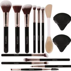 Professional 14-Piece Premium Synthetic Makeup Brush Set - Black Foundation Concealer Powder Blush Eyeshadow Brushes with 2 Powder Puffs & Dual-Ended Mask Applicator, Gif Professional 14-Piece Premium Synthetic Makeup Brush Set - Black Foundation Concealer Powder Blush Eyeshadow Brushes with 2 Powder Puffs & Dual-Ended Mask Applicator, Gif