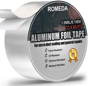 Romeda Aluminum Foil Tape 2Inch x 65Feet 3.9Mil, Silver Insulation Adhesive Metal Tape, High Temperature Heavy Duty for Ductwork Dryer Vent HVAC Romeda Aluminum Foil Tape 2Inch x 65Feet 3.9Mil, Silver Insulation Adhesive Metal Tape, High Temperature Heavy Duty for Ductwork Dryer Vent HVAC