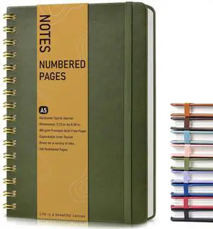 A5 Hardcover Spiral Notebook, Lined, 150 Numbered Pages, 100 GSM, College Ruled, 5.75" x 8.38", Olive Green A5 Hardcover Spiral Notebook, Lined, 150 Numbered Pages, 100 GSM, College Ruled, 5.75" x 8.38", Olive Green