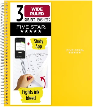 Five Star 73463 3-Subject Wide Ruled Spiral Notebook, 8" x 10.5", 150 Sheets, Water Resistant Cover, Fights Ink Bleed, Harvest Yellow, with Study App Five Star 73463 3-Subject Wide Ruled Spiral Notebook, 8" x 10.5", 150 Sheets, Water Resistant Cover, Fights Ink Bleed, Harvest Yellow, with Study App