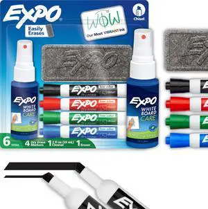 EXPO Dry Erase Markers Kit, 6 Count, Chisel Tip, Assorted Colors, with Eraser and Spray Cleaner - Whiteboard, Calendar, Office, School, Classroom, Teacher Supplies EXPO Dry Erase Markers Kit, 6 Count, Chisel Tip, Assorted Colors, with Eraser and Spray Cleaner - Whiteboard, Calendar, Office, School, Classroom, Teacher Supplies