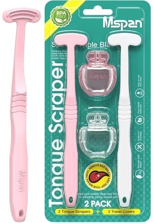 Mspan Tongue Scraper Cleaner Brush with Plastic Travel Case Cover, 2 Pack, Pink White for Adults Kids Mspan Tongue Scraper Cleaner Brush with Plastic Travel Case Cover, 2 Pack, Pink White for Adults Kids