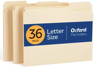 Oxford File Folders, 36 Pack, Letter Size 8.5"x11", 3 Tabs, Manila Paper, for School, Office & Home Document Organization Oxford File Folders, 36 Pack, Letter Size 8.5"x11", 3 Tabs, Manila Paper, for School, Office & Home Document Organization