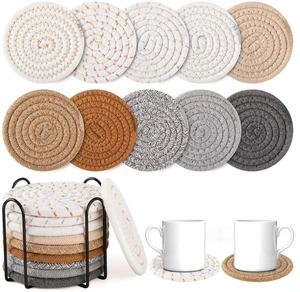 OIAHOMY 10Pcs Drink Coasters with Holder, Boho Cotton Woven, Absorbent, for Various Cups, Ideal for Coffee Tables, Home Decor, Gift, 4.3Inches, Mixed Yellow OIAHOMY 10Pcs Drink Coasters with Holder, Boho Cotton Woven, Absorbent, for Various Cups, Ideal for Coffee Tables, Home Decor, Gift, 4.3Inches, Mixed Yellow
