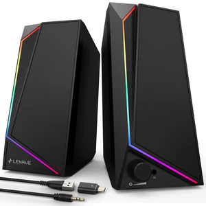 LENRUE Computer Speakers, USB/USB-C Powered AUX Audio for PC Speakers with Loud Stereo Sound, Headphone-in, Touch Lights for Desktop, Computer, Laptop, DeskUSB-C to USB Adapter Included LENRUE Computer Speakers, USB/USB-C Powered AUX Audio for PC Speakers with Loud Stereo Sound, Headphone-in, Touch Lights for Desktop, Computer, Laptop, DeskUSB-C to USB Adapter Included