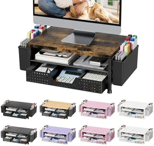 Monitor Stand Riser with Plastic Drawer and Two Pen Holders, Dark Wood Top Monitor Stand Riser with Plastic Drawer and Two Pen Holders, Dark Wood Top