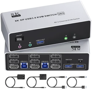 KVM Switch 3 Monitors 2 Computers 4K@144Hz/8K@60Hz, USB3.0 HDMI Dispalyport KVM Switch Triple Monitor for 2 PC Share 3 Monitors and Keyboard Mouse, Wired Remote and USB3.0 Cables Included 2 DP+1 HDMI KVM Switch 3 Monitors 2 Computers 4K@144Hz/8K@60Hz, USB3.0 HDMI Dispalyport KVM Switch Triple Monitor for 2 PC Share 3 Monitors and Keyboard Mouse, Wired Remote and USB3.0 Cables Included 2 DP+1 HDMI