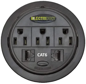 Power Tap Grommet with Hidden Power Center w/ 3 Power & 2 CAT6 - Black (Pack of 2) Power Tap Grommet with Hidden Power Center w/ 3 Power & 2 CAT6 - Black (Pack of 2)