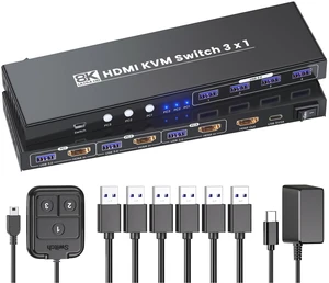 8K60Hz 4K120Hz KVM Switch 1 Monitor 3 Computers, 3 Port HDMI KVM Switch for 3 PCs Sharing 1 Monitor, Keyboard and Mouse, Built-in 4-Port USB 3.0 Hub with Dual Switching Methods 8K60Hz 4K120Hz KVM Switch 1 Monitor 3 Computers, 3 Port HDMI KVM Switch for 3 PCs Sharing 1 Monitor, Keyboard and Mouse, Built-in 4-Port USB 3.0 Hub with Dual Switching Methods