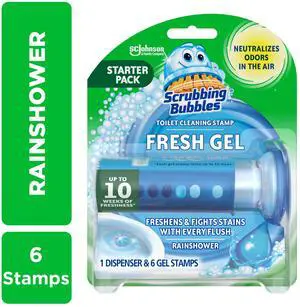 Scrubbing Bubbles Automatic Toilet Bowl Cleaner, Fresh Gel Cleaning Stamp, Rainshower Scent, Dispenser & 6 Gel Stamps, Bathroom Toilet Deodorizing Cleaning System Scrubbing Bubbles Automatic Toilet Bowl Cleaner, Fresh Gel Cleaning Stamp, Rainshower Scent, Dispenser & 6 Gel Stamps, Bathroom Toilet Deodorizing Cleaning System