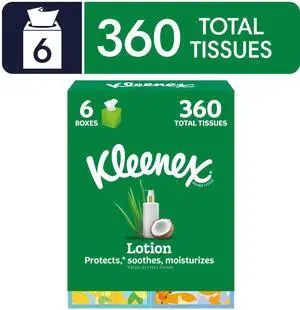 Kleenex Lotion with Coconut Oil 3Ply Cube Box Facial Tissues, 6 Pack (360 Total Tissues), Soft Moisturizing Facial Tissues for Household Daily Face & Nose Care Kleenex Lotion with Coconut Oil 3Ply Cube Box Facial Tissues, 6 Pack (360 Total Tissues), Soft Moisturizing Facial Tissues for Household Daily Face & Nose Care