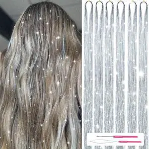 Hair Tinsel Kit with Tools, 48 Inch, 1200 Strands, Glitter Tinsel Extensions, Sparkling Shiny, Heat Resistant, for Women & Girls, 6 Pcs, Silver Hair Tinsel Kit with Tools, 48 Inch, 1200 Strands, Glitter Tinsel Extensions, Sparkling Shiny, Heat Resistant, for Women & Girls, 6 Pcs, Silver