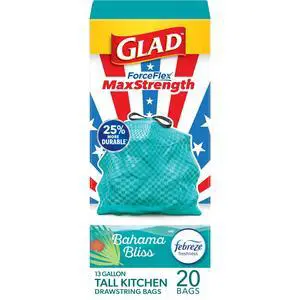 Glad ForceFlex MaxStrength 13-Gallon Tall Kitchen Drawstring Trash Bags, Teal, Febreze Freshness Bahama Bliss Scent, 20 Count Glad ForceFlex MaxStrength 13-Gallon Tall Kitchen Drawstring Trash Bags, Teal, Febreze Freshness Bahama Bliss Scent, 20 Count