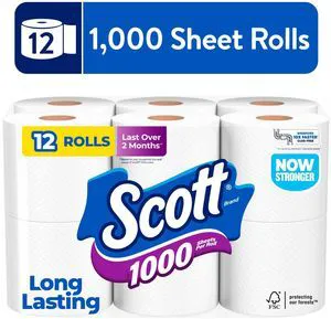 Scott 1000 1-Ply Toilet Paper, 1,000 Sheets per Roll, 12 Rolls Scott 1000 1-Ply Toilet Paper, 1,000 Sheets per Roll, 12 Rolls