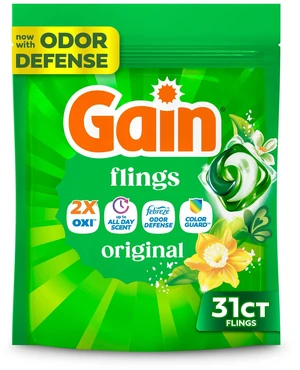 Gain Flings 4-in-1 Oxi Boost and Febreze Laundry Detergent Soap Pacs, Original Scent, 31 Count Gain Flings 4-in-1 Oxi Boost and Febreze Laundry Detergent Soap Pacs, Original Scent, 31 Count