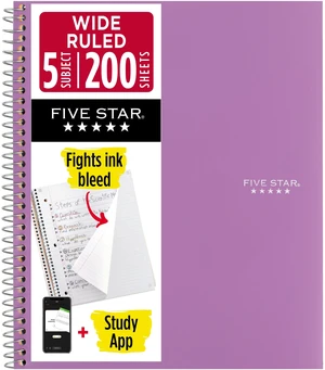 Five Star 5 Subject Spiral Notebook with Study App, Wide Ruled, 8" x 10.5", Amethyst Five Star 5 Subject Spiral Notebook with Study App, Wide Ruled, 8" x 10.5", Amethyst