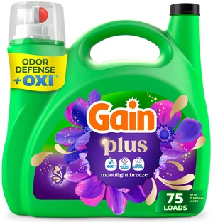 Gain Plus Laundry Detergent Liquid, Moonlight Breeze Scent, with Odor Defense + OXI, 99 fl oz, 75 Loads Gain Plus Laundry Detergent Liquid, Moonlight Breeze Scent, with Odor Defense + OXI, 99 fl oz, 75 Loads