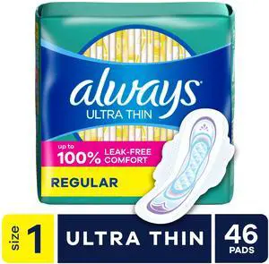Always Ultra Thin Pads with Wings, Regular, Size 1, 46 Count Always Ultra Thin Pads with Wings, Regular, Size 1, 46 Count