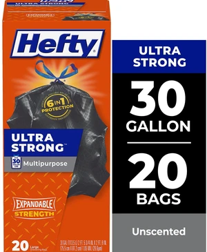 Hefty Ultra Strong Multipurpose Large Trash Bags, 30 Gallon, 20 Count, Black, Unscented, Made with 20% Post-Consumer Recycled Materials Hefty Ultra Strong Multipurpose Large Trash Bags, 30 Gallon, 20 Count, Black, Unscented, Made with 20% Post-Consumer Recycled Materials