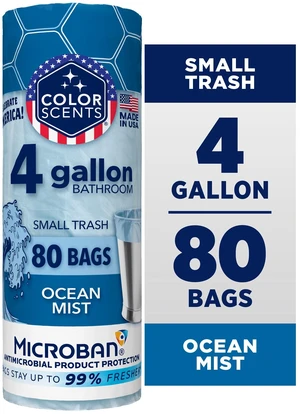 Color Scents 4 Gallon Bathroom Trash Bags, Ocean Mist Scent, Microban, Twist Tie, 80 Count Color Scents 4 Gallon Bathroom Trash Bags, Ocean Mist Scent, Microban, Twist Tie, 80 Count