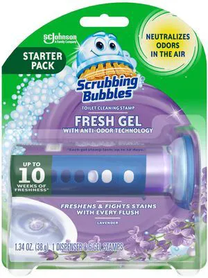 Scrubbing Bubbles Automatic Toilet Bowl Cleaner Lavender, Fresh Gel Cleaning Stamp, Dispenser & 6 Gel Stamps Scrubbing Bubbles Automatic Toilet Bowl Cleaner Lavender, Fresh Gel Cleaning Stamp, Dispenser & 6 Gel Stamps
