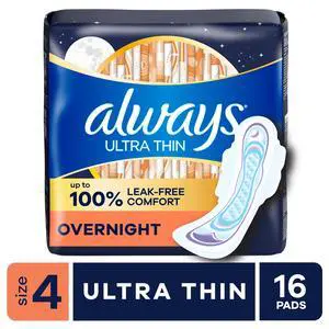 Always Ultra Thin Overnight Pads with Wings, Size 4, 16 Count Always Ultra Thin Overnight Pads with Wings, Size 4, 16 Count