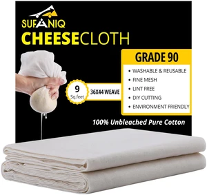 Sufaniq Cheese Cloths Grade 90, 9 Sq Feet, 100% Pure Cotton Reusable Unbleached Ultra Fine Fabric, Premium Butter Muslin Cloth for Straining, 1 Sq Yard Sufaniq Cheese Cloths Grade 90, 9 Sq Feet, 100% Pure Cotton Reusable Unbleached Ultra Fine Fabric, Premium Butter Muslin Cloth for Straining, 1 Sq Yard
