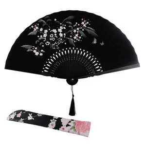 Wobe Black Linen Fabric Folding Hand Fan with Bamboo Frame and Grassflowers Design for Summer Wobe Black Linen Fabric Folding Hand Fan with Bamboo Frame and Grassflowers Design for Summer