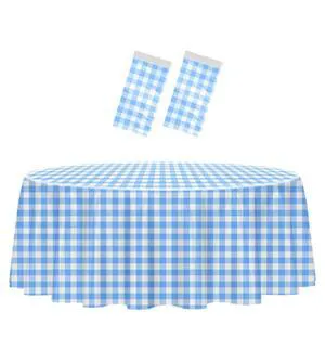 HEIPINIUYE 2 Pack Blue and White Round Checkered Disposable Plastic Tablecloth 84 84 for Party Picnic Camping Birthday HEIPINIUYE 2 Pack Blue and White Round Checkered Disposable Plastic Tablecloth 84 84 for Party Picnic Camping Birthday