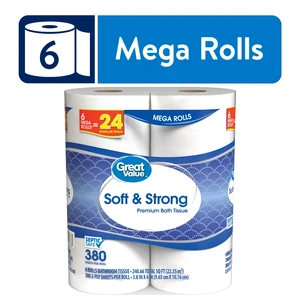 Great Value Soft & Strong Premium Toilet Paper, 6 Mega Rolls, 380 Sheets per Roll Great Value Soft & Strong Premium Toilet Paper, 6 Mega Rolls, 380 Sheets per Roll
