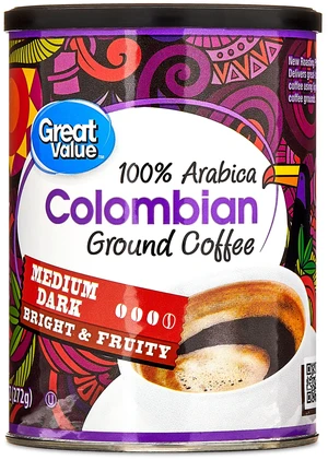 Great Value Colombian Roast Ground Coffee, Naturally Caffeinated, 9.6oz Canister Great Value Colombian Roast Ground Coffee, Naturally Caffeinated, 9.6oz Canister