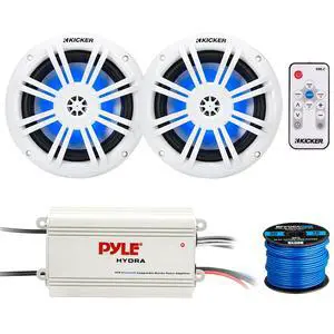 51KM604WL KM 6.5" 150 Watts Max Power 4 ohms RGB LED Marine Coaxial Speakers (Pair), LED Controller, 4 Channel Bluetooth Waterproof Power Amplifier, 50 Feet 16 Gauge Speaker Wire 51KM604WL KM 6.5" 150 Watts Max Power 4 ohms RGB LED Marine Coaxial Speakers (Pair), LED Controller, 4 Channel Bluetooth Waterproof Power Amplifier, 50 Feet 16 Gauge Speaker Wire