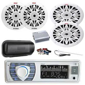 Pyle PLRMR23BTW Single DIN Bluetooth Marine MP3 AM/FM Stereo Receiver, Cover, 4-Channel Amplifier w/Kit, 2X 6.5 200W Full Range 2-Way Waterproof Speakers, 2X 6x9 260W Outdoor Speakers, Antenna Pyle PLRMR23BTW Single DIN Bluetooth Marine MP3 AM/FM Stereo Receiver, Cover, 4-Channel Amplifier w/Kit, 2X 6.5 200W Full Range 2-Way Waterproof Speakers, 2X 6x9 260W Outdoor Speakers, Antenna