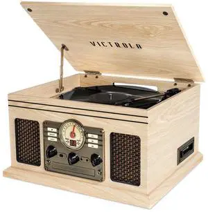 Quincy - 6-in-1 Bluetooth Record Player - Natural | Plays vinyl, CD, cassette and FM radio through built-in stereo speakers, Bluetooth and aux streaming, headphone jack Quincy - 6-in-1 Bluetooth Record Player - Natural | Plays vinyl, CD, cassette and FM radio through built-in stereo speakers, Bluetooth and aux streaming, headphone jack