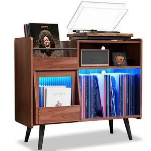 Large Record Player Stand with Sliding Door,350Vinyl Record Storage Cabinet | Record Player Table with Power Outlet and LED Light,Turntable Stand with Wood Legs for Living Room,Office Large Record Player Stand with Sliding Door,350Vinyl Record Storage Cabinet | Record Player Table with Power Outlet and LED Light,Turntable Stand with Wood Legs for Living Room,Office