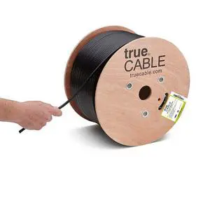 TRUECABLE RG6 Outdoor Quad Shield Coaxial Cable, 1000ft, Black, Direct Burial (CMX), 75 Ohm, 18 AWG Bare Copper Conductor, UV Resistant, 3GHz Sweep Tested TRUECABLE RG6 Outdoor Quad Shield Coaxial Cable, 1000ft, Black, Direct Burial (CMX), 75 Ohm, 18 AWG Bare Copper Conductor, UV Resistant, 3GHz Sweep Tested