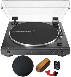 AT-LP60X-BK Fully Automatic Belt-Drive Stereo Turntable 33-1/3 & 45 RPM Black with Essentials Bundle Includes Protective Turntable Platter and Vinyl Record Cleaning System AT-LP60X-BK Fully Automatic Belt-Drive Stereo Turntable 33-1/3 & 45 RPM Black with Essentials Bundle Includes Protective Turntable Platter and Vinyl Record Cleaning System