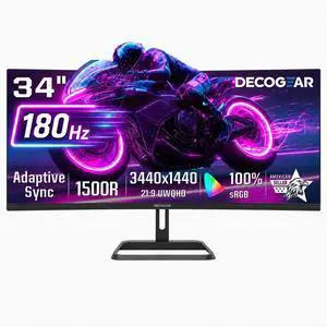 34 Inch Curved Gaming Monitor, 180Hz UWQHD 3440x1440 21:9 VA Display, 1ms MPRT, Adaptive Sync, 1500R, HDR Ready, 100% sRGB, Dual HDMI, DisplayPort 1.4, VESA Mount, Office & Workspace Setup 34 Inch Curved Gaming Monitor, 180Hz UWQHD 3440x1440 21:9 VA Display, 1ms MPRT, Adaptive Sync, 1500R, HDR Ready, 100% sRGB, Dual HDMI, DisplayPort 1.4, VESA Mount, Office & Workspace Setup