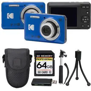PIXPRO FZ55 Digital Camera, 16MP Compact Point & Shoot, 5X Optical Zoom, 28mm Wide Angle Lens, 1080P HD Video, Blue + 64GB SD Card, Case, Selfie Stick, Mini Tripod & USB Card Reader PIXPRO FZ55 Digital Camera, 16MP Compact Point & Shoot, 5X Optical Zoom, 28mm Wide Angle Lens, 1080P HD Video, Blue + 64GB SD Card, Case, Selfie Stick, Mini Tripod & USB Card Reader
