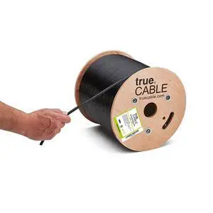 TRUECABLE RG6 Outdoor Quad Shield Coaxial Cable, 500ft, Black, Direct Burial (CMX), 75 Ohm, 18 AWG Bare Copper Conductor, UV Resistant, 3GHz Sweep Tested TRUECABLE RG6 Outdoor Quad Shield Coaxial Cable, 500ft, Black, Direct Burial (CMX), 75 Ohm, 18 AWG Bare Copper Conductor, UV Resistant, 3GHz Sweep Tested