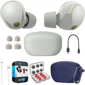 WF-1000XM5 Industry Leading Noise Canceling Truly Wireless Earbuds (Silver) Bundle with Silicone Case (Blue), Memory Foam Ear Tips, USB-A to USB-C Cable & 1 YR CPS Enhanced Protection Pack WF-1000XM5 Industry Leading Noise Canceling Truly Wireless Earbuds (Silver) Bundle with Silicone Case (Blue), Memory Foam Ear Tips, USB-A to USB-C Cable & 1 YR CPS Enhanced Protection Pack