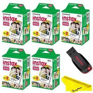 Instax Mini Instant Camera Film with Sandisk 32 GB USB Flash Drive + 5 x Mini Twin Packs (100 Sheets) and Buzz-Photo Microfiber Cleaning Cloth Instax Mini Instant Camera Film with Sandisk 32 GB USB Flash Drive + 5 x Mini Twin Packs (100 Sheets) and Buzz-Photo Microfiber Cleaning Cloth