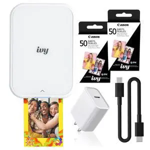 Ivy 2 Mini Photo Printer Pure White Travel Accessory Bundle | For iOS & Android, ZINK 2x3 Sticky-Back Photo Prints, Compact Travel Size | Bluetooth | 50 Sheets + More Ivy 2 Mini Photo Printer Pure White Travel Accessory Bundle | For iOS & Android, ZINK 2x3 Sticky-Back Photo Prints, Compact Travel Size | Bluetooth | 50 Sheets + More