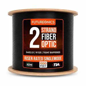 2 Strand Indoor/Outdoor Fiber Optic Cable, OS2 9/125 Singlemode, G652.D, Black, Riser Rated, Spool, 1000 Feet 2 Strand Indoor/Outdoor Fiber Optic Cable, OS2 9/125 Singlemode, G652.D, Black, Riser Rated, Spool, 1000 Feet