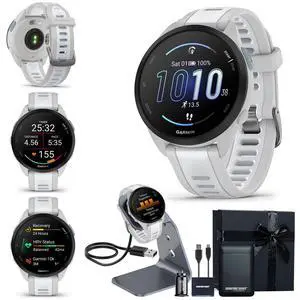 Garmin Forerunner 165 GPS Running Smartwatch, Mist Gray/Whitestone | Advanced Health and Fitness Insights, Sleep Coach, Training Plans, Garmin Pay | Signature Series Watch Stand and Gift Bundle Garmin Forerunner 165 GPS Running Smartwatch, Mist Gray/Whitestone | Advanced Health and Fitness Insights, Sleep Coach, Training Plans, Garmin Pay | Signature Series Watch Stand and Gift Bundle