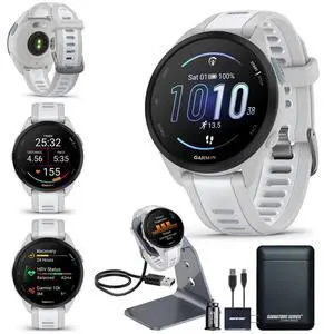 Garmin Forerunner 165 GPS Running Smartwatch, Mist Gray/Whitestone | Advanced Health and Fitness Insights, Sleep Coach, Training Plans, Garmin Pay | Signature Series Watch Stand and Power Bundle Garmin Forerunner 165 GPS Running Smartwatch, Mist Gray/Whitestone | Advanced Health and Fitness Insights, Sleep Coach, Training Plans, Garmin Pay | Signature Series Watch Stand and Power Bundle