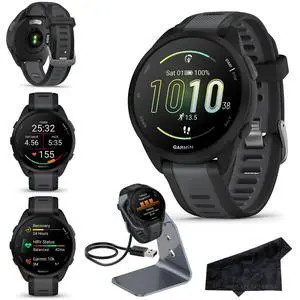 Garmin Forerunner 165 GPS Running Smartwatch, Black/Slate Gray, Advanced Health and Fitness Insights, Sleep Coach, Training Plans, Garmin Pay, Signature Series Charging Stand Bundle Garmin Forerunner 165 GPS Running Smartwatch, Black/Slate Gray, Advanced Health and Fitness Insights, Sleep Coach, Training Plans, Garmin Pay, Signature Series Charging Stand Bundle